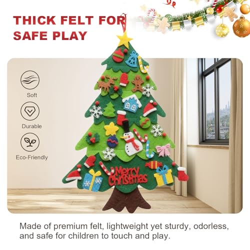 Felt Christmas Tree for Toddlers, 3.2ft DIY Felt Christmas Tree Set, with 5M LED String Lights, 32Pcs Detachable Tree Ornaments, Wall Decor with Hanging Rope for Kids Xmas Gifts Home Door