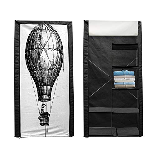 Ambesonne Sketchy Portable Fabric Wardrobe, Big Hot Air Balloon in The Sky Vintage Style Travel and Transportation Theme Art, Clothing Organizer and Storage Closet with Shelves, 42.5, Black White